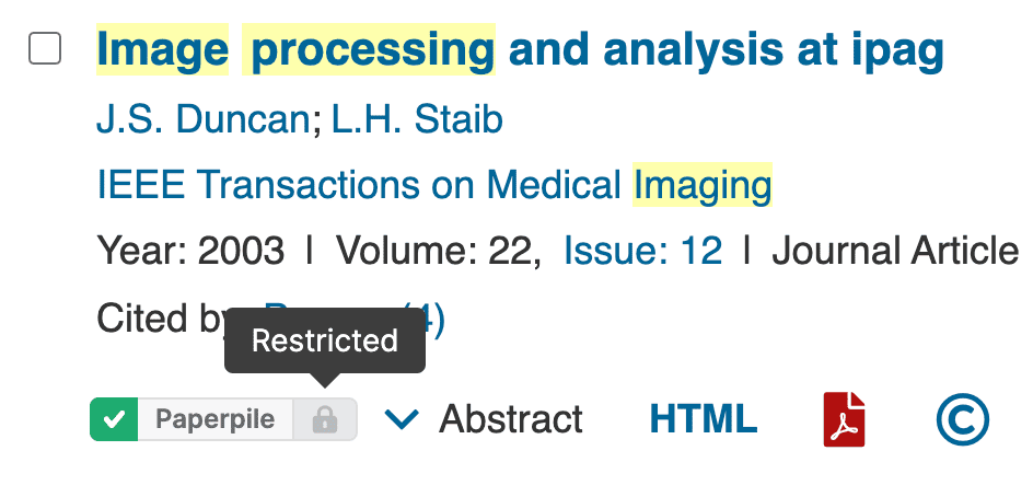 An IEEE search result with a green ticked Paperpile button, a padlock icon and a “Restricted” tooltip, beside Abstract, HTML, PDF and copyright icons.